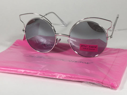 Betsey Johnson Womens Round Sunglasses Silver Gray Metal Cat Mirror Bj475109 - Sunglasses