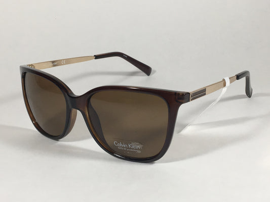 Calvin Klein R713S 210 Rectangle Navigator Sunglasses Brown Gold Frame Brown Lens - Sunglasses