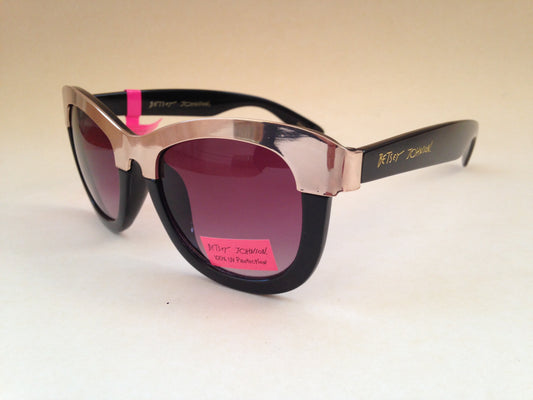 Betsey Johnson Bj863132 Retro Square Sunglasses Black Gold Purple Smoke Lens - Sunglasses