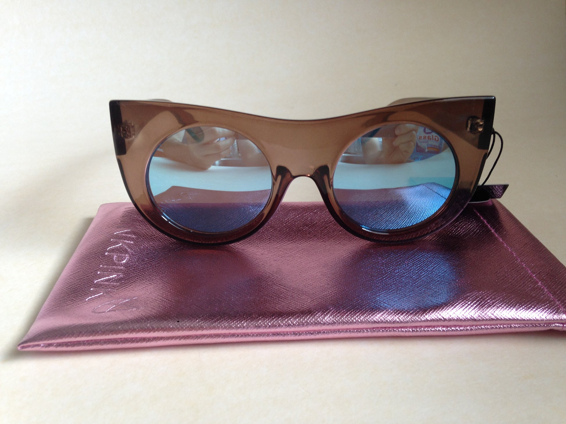 Minkpink Sunglasses New Authentic Double Cross Round Cat Eye Brown Blue Mirror - Sunglasses