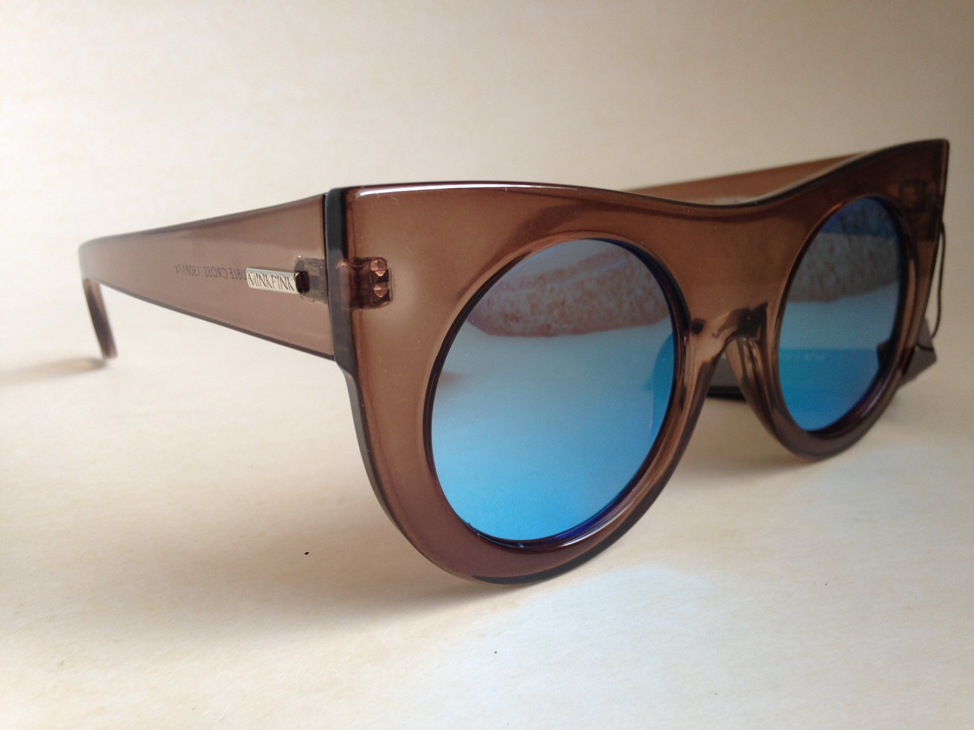Minkpink Sunglasses New Authentic Double Cross Round Cat Eye Brown Blue Mirror - Sunglasses