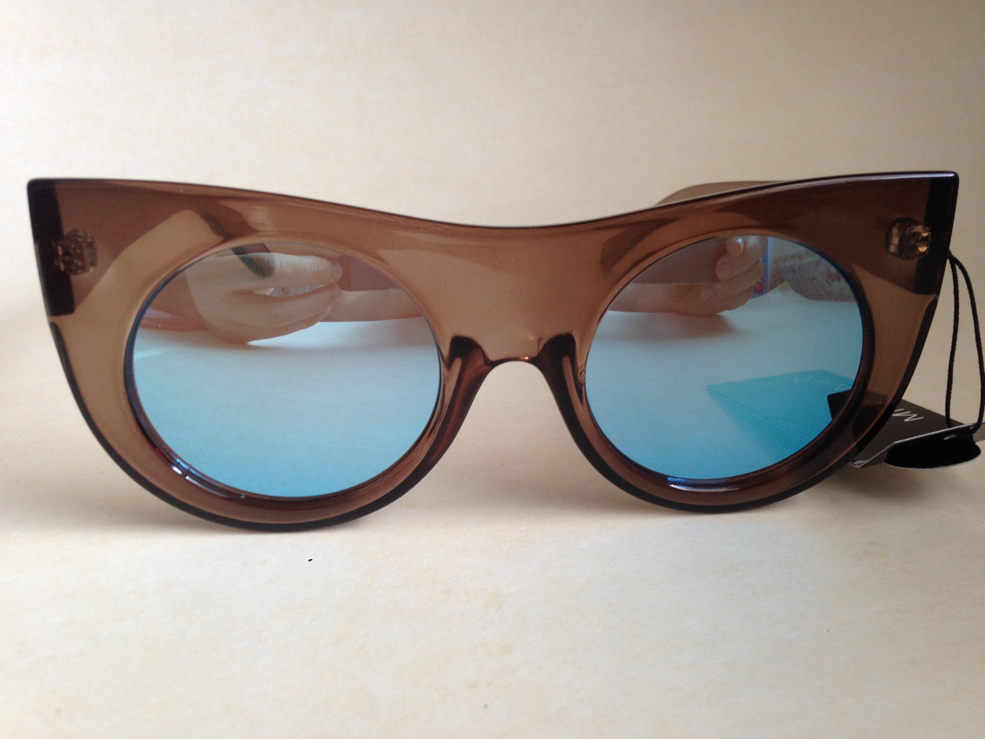Minkpink Sunglasses New Authentic Double Cross Round Cat Eye Brown Blue Mirror - Sunglasses