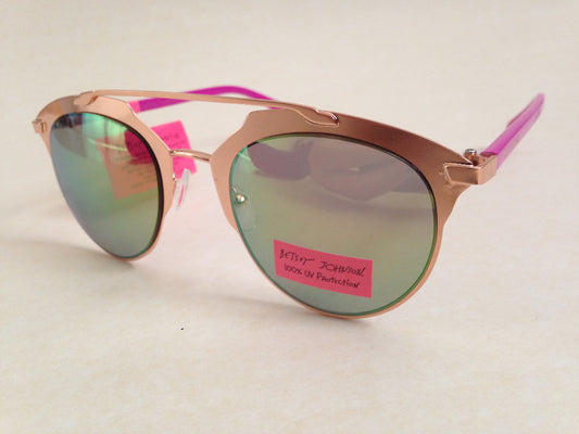 Betsey Johnson Bj465142 Rose Gold Round Sunglasses New Rose Gold Pink Light Green Flash Lens Retro - Sunglasses