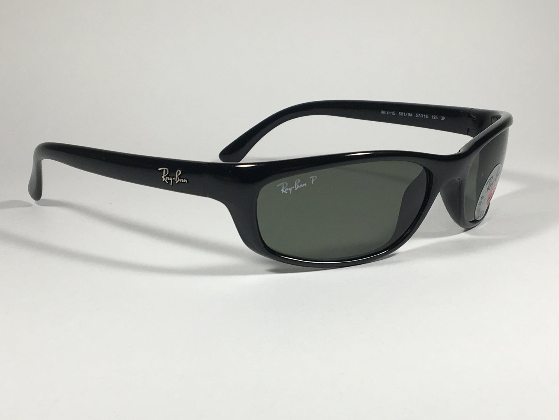 Ray-Ban Polarized Small Predator Active Lifestyle Sunglasses RB4115 601/9A Wrap Black Gloss Green Lens - Sunglasses