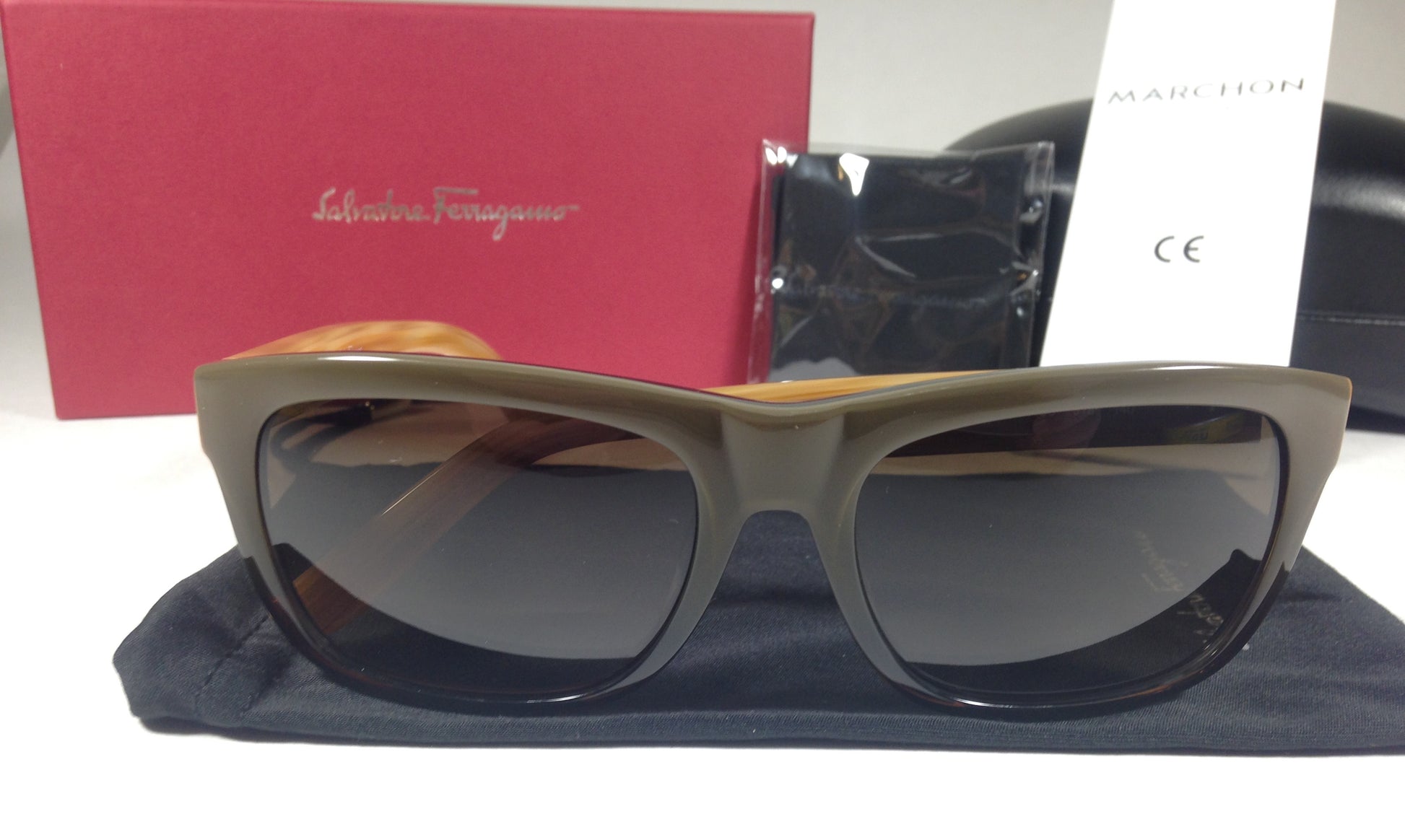 Salvatore Ferragamo Square Sunglasses Wood Pattern Dark Green Olive Frame Brown Gray Lens Sf686S 318 - Sunglasses