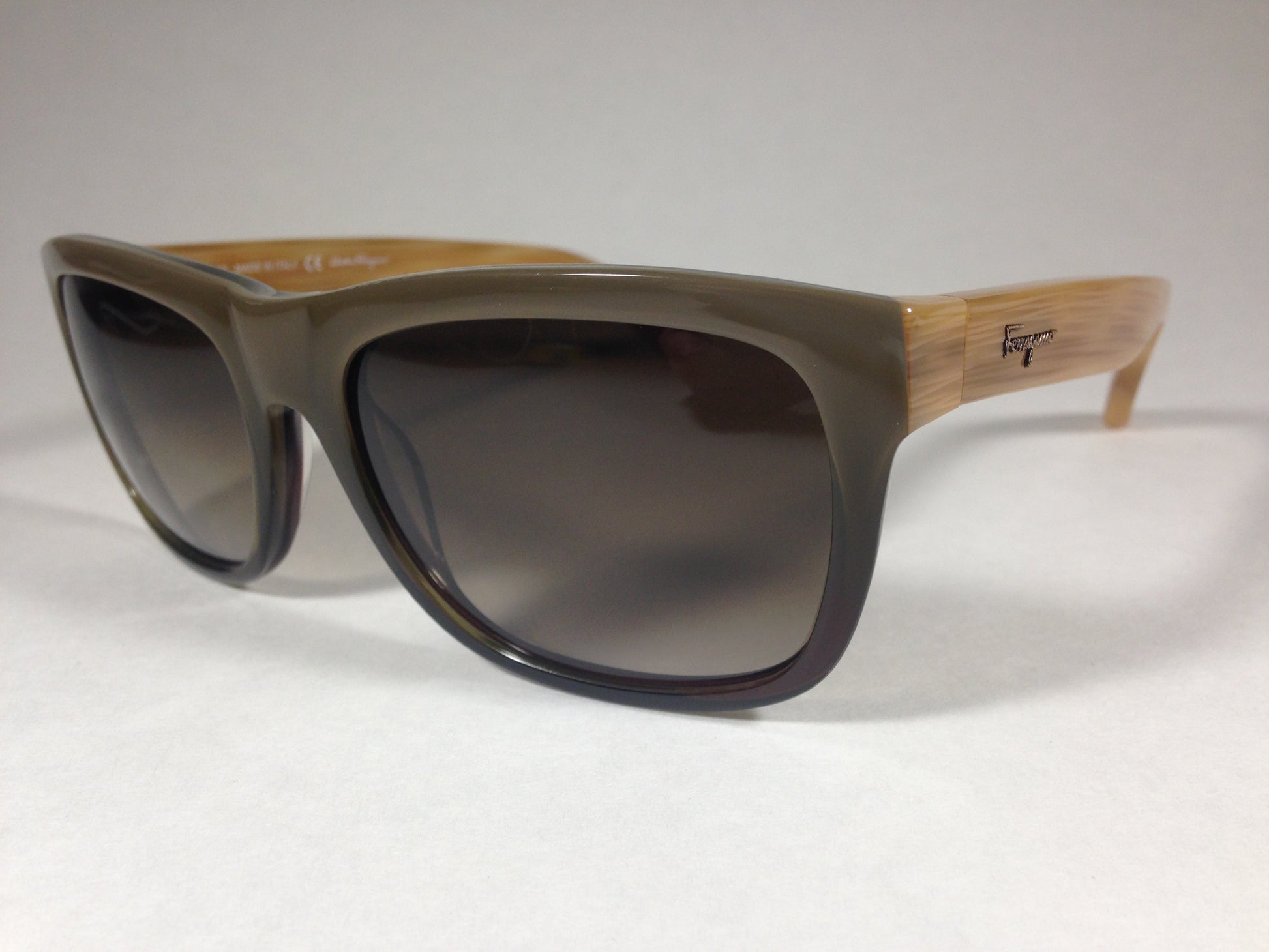 Salvatore Ferragamo Square Sunglasses Wood Pattern Dark Green Olive Frame Brown Gray Lens Sf686S 318 - Sunglasses