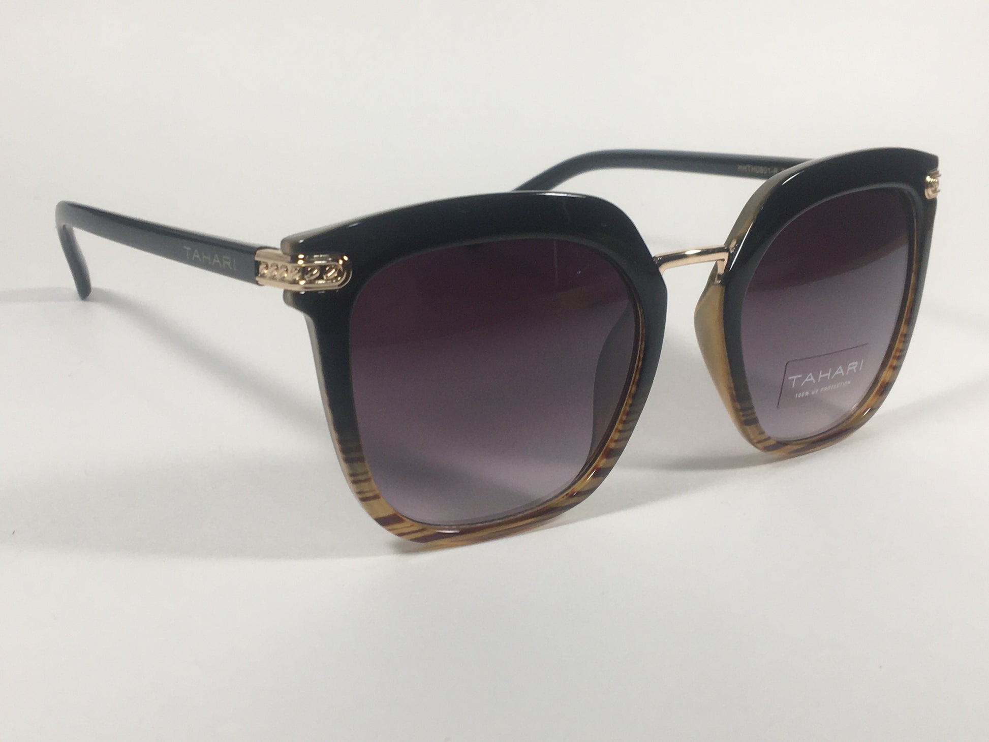 Tahari Large Cat Eye Sunglasses Black Brown Wood Plastic Frame Smoke Lens TH712 OXWD - Sunglasses