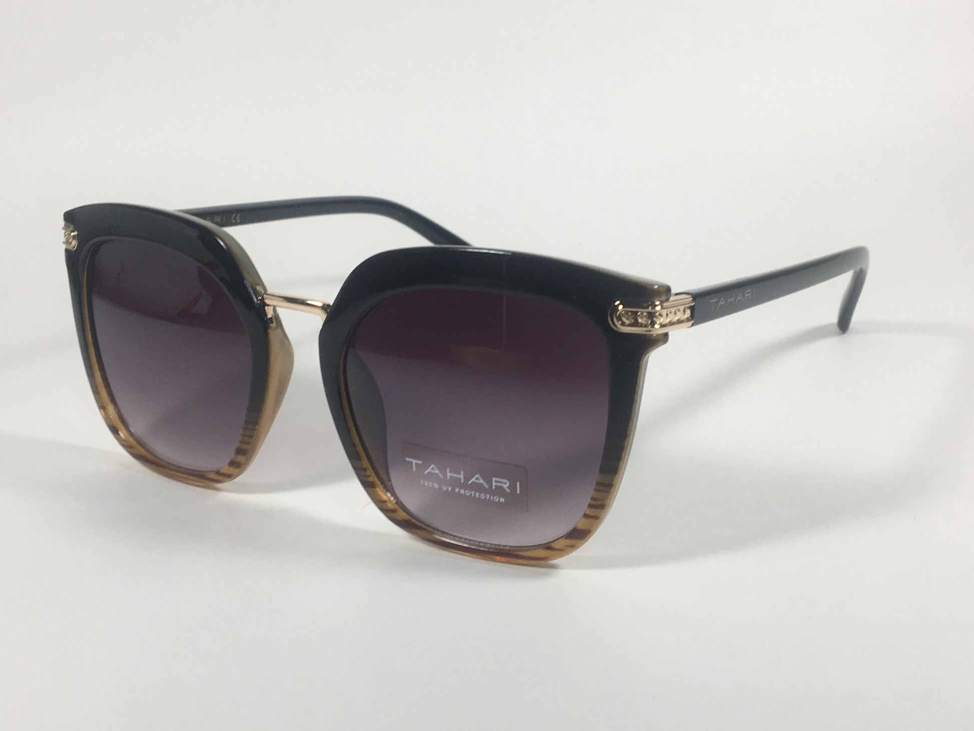 Tahari Large Cat Eye Sunglasses Black Brown Wood Plastic Frame Smoke Lens TH712 OXWD - Sunglasses