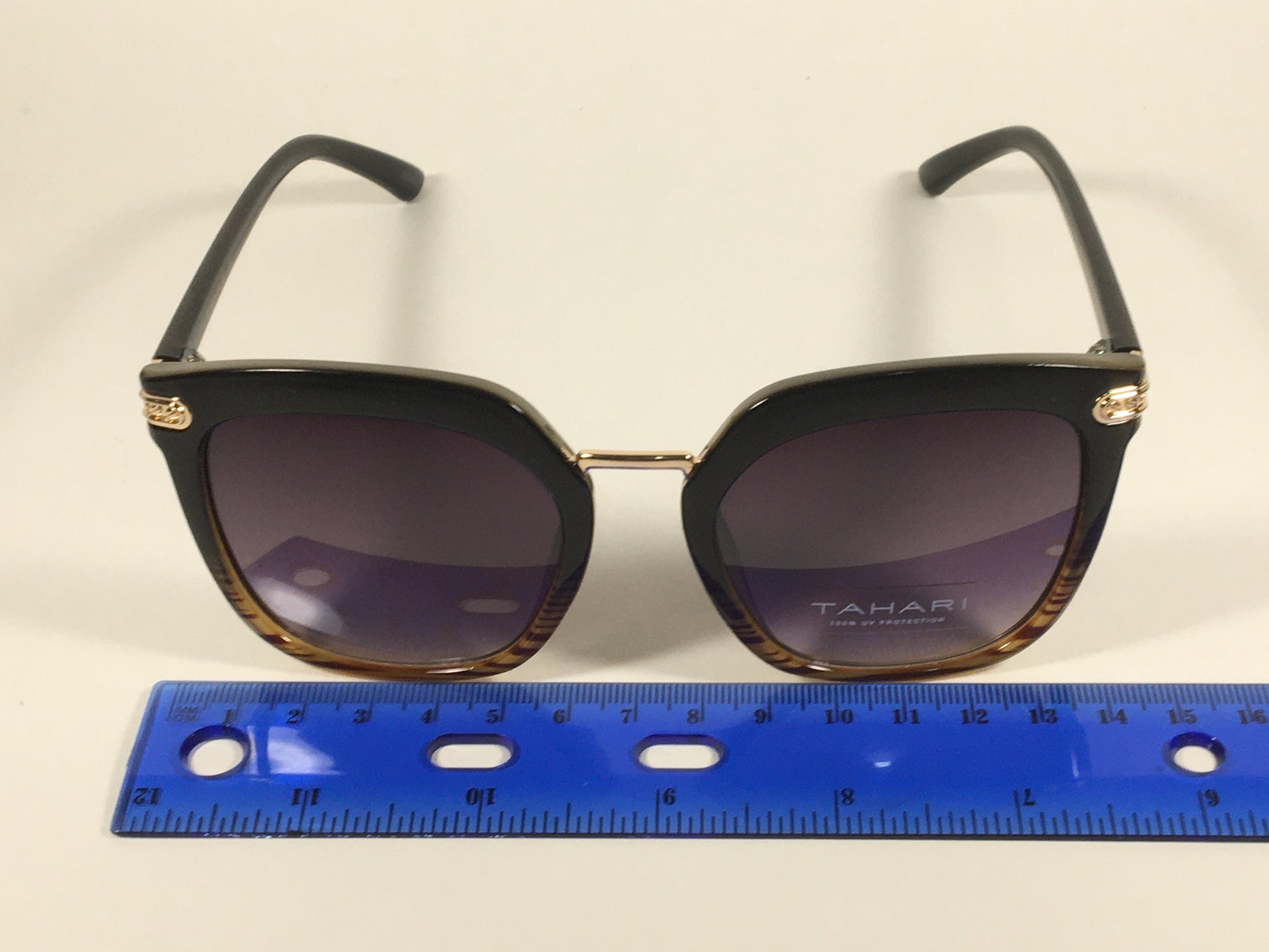 Tahari Large Cat Eye Sunglasses Black Brown Wood Plastic Frame Smoke Lens TH712 OXWD - Sunglasses