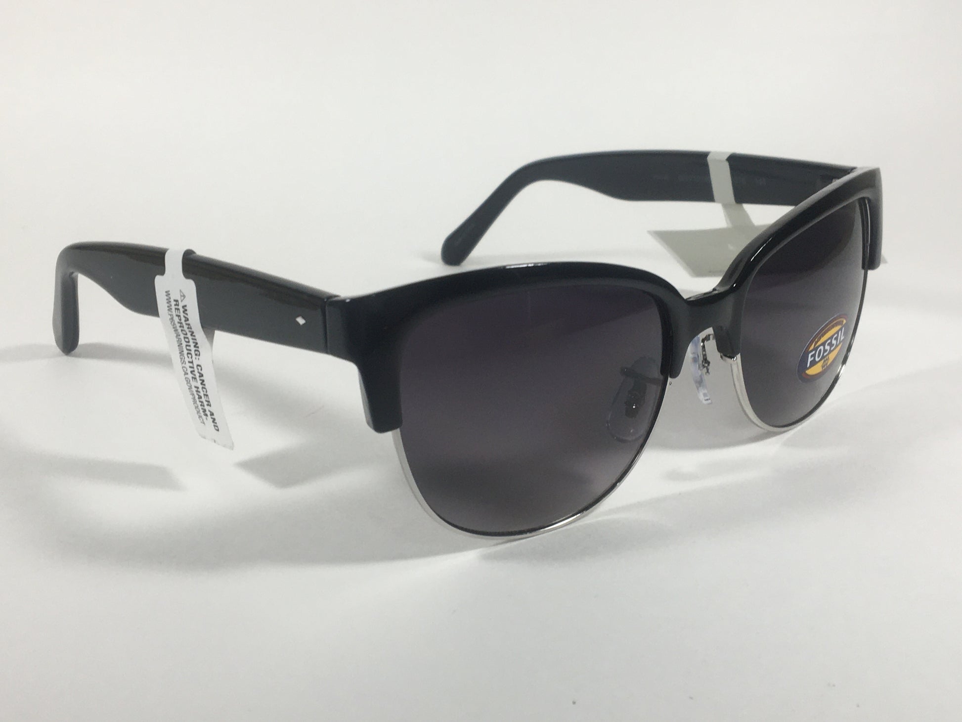 Fossil Catty Club Sunglasses Black Gloss Frame Silver Trim Smoke Gradient Lens FW148 - Sunglasses