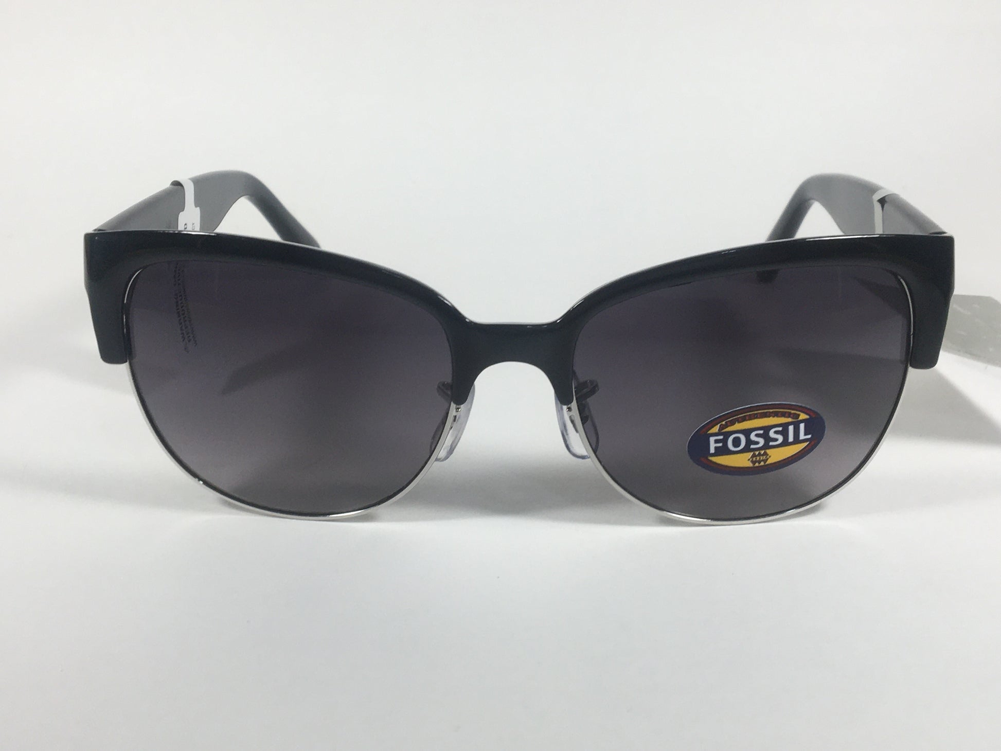 Fossil Catty Club Sunglasses Black Gloss Frame Silver Trim Smoke Gradient Lens FW148 - Sunglasses