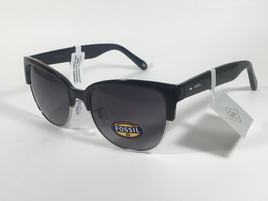 Fossil Catty Club Sunglasses Black Gloss Frame Silver Trim Smoke Gradient Lens FW148 - Sunglasses