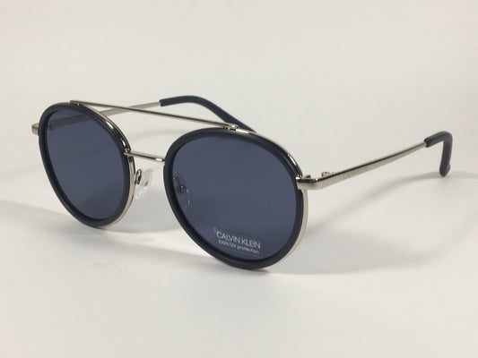 Calvin Klein CK19131S 410 Round Sunglasses Navy Blue And Silver Frame Gray Lens - Sunglasses