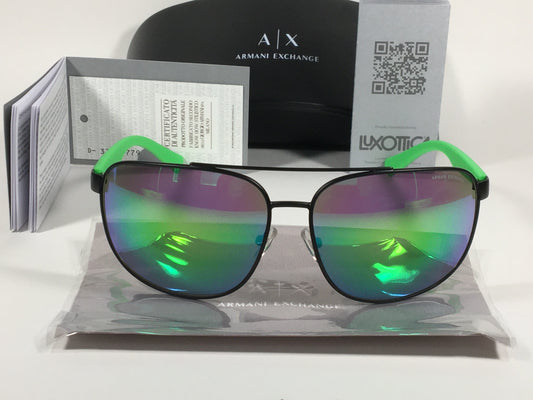 Authentic Armani Exchange Aviator Sunglasses Black Green With Green Flash Lens AX2026S 60633R - Sunglasses