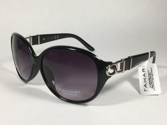 Tahari Large Oval Sunglasses Black Gloss And Silver Frame Smoke Gray Gradient Lens TH546 OX - Sunglasses