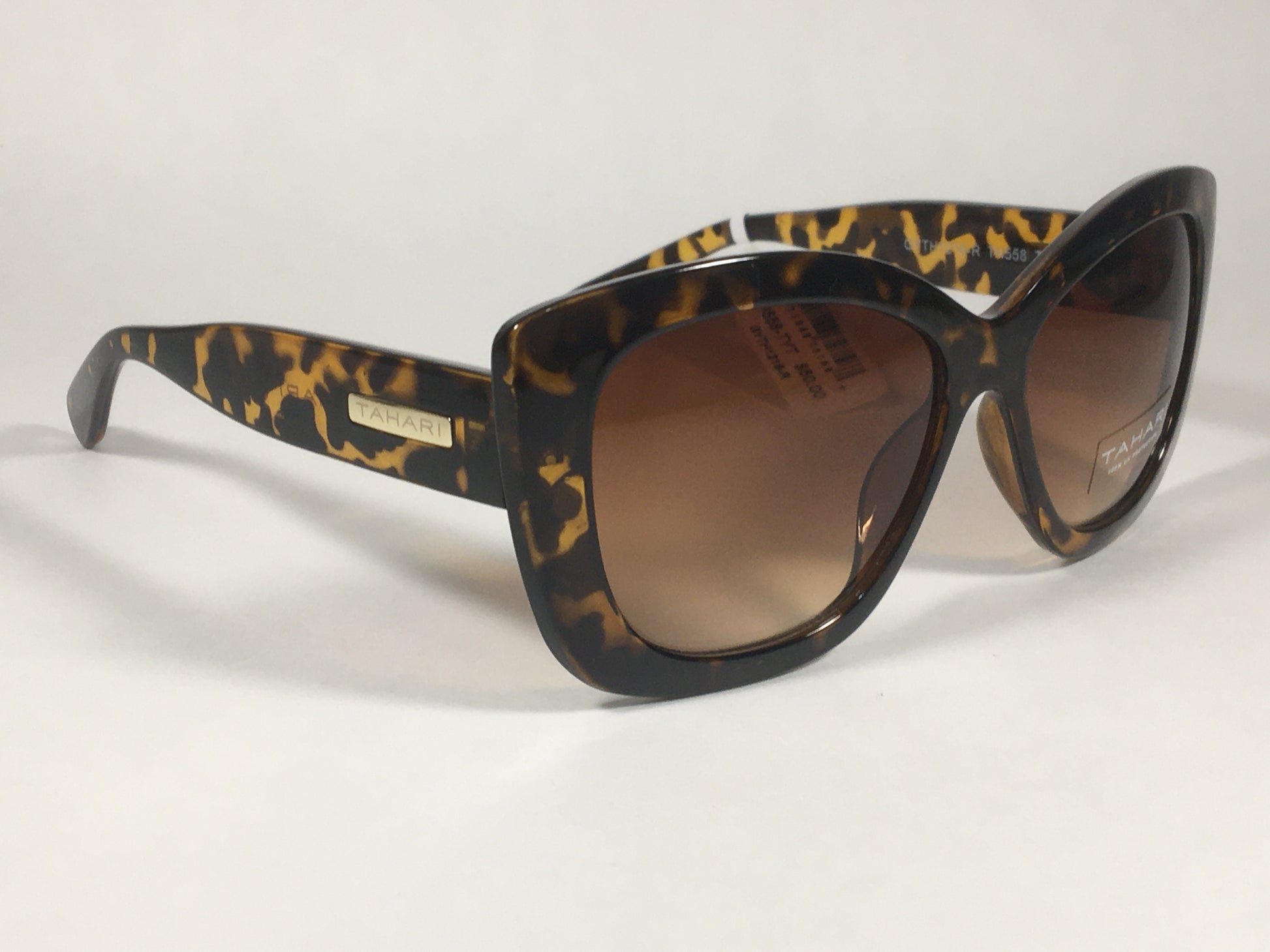 Tahari Large Cat Eye Sunglasses Brown Yellow Tortoise Frame Brown Gradient Lens TH558 TYT - Sunglasses