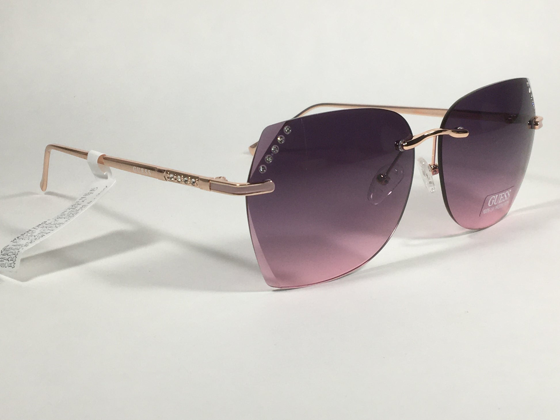 Guess Rimless Butterfly Sunglasses Rose Gold Metal Frame Pink Gradient Lens GF0384 28T - Sunglasses