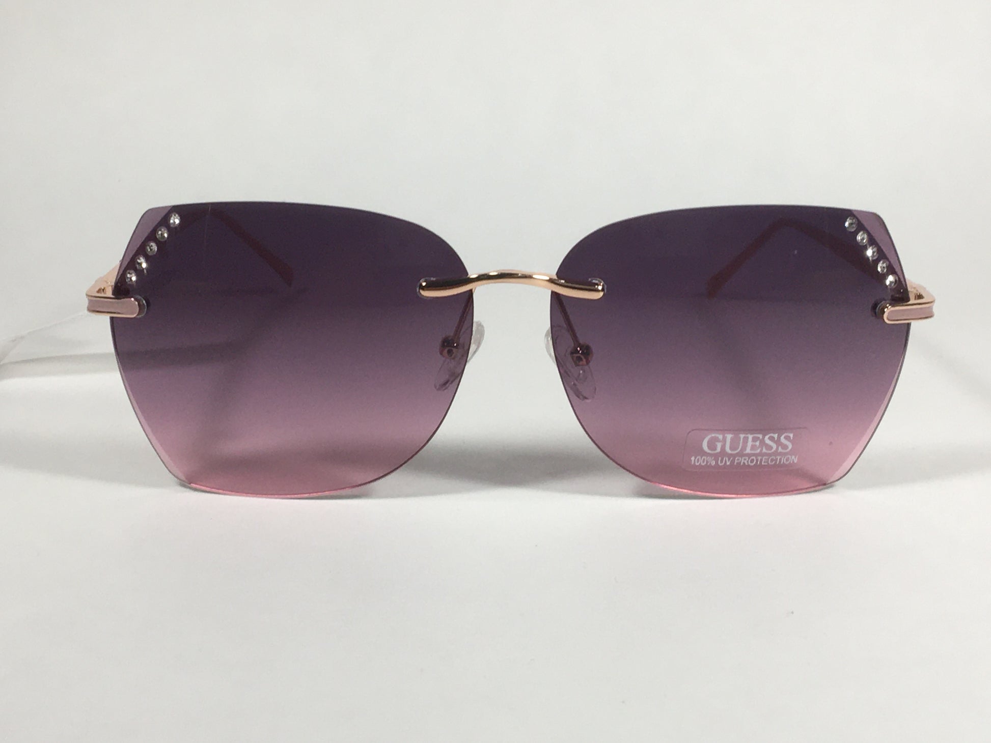 Guess Rimless Butterfly Sunglasses Rose Gold Metal Frame Pink Gradient Lens GF0384 28T - Sunglasses