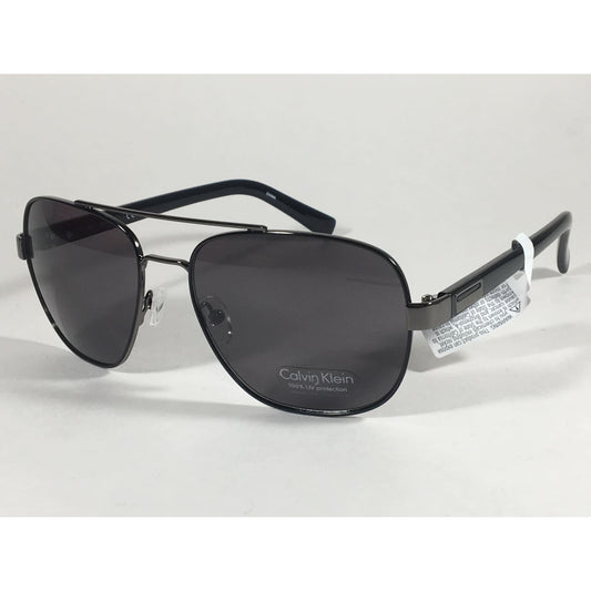 Calvin Klein R357S 001 Aviator Pilot Sunglasses Black Gloss and Gunmetal Gray Frame Gray Lens - Sunglasses