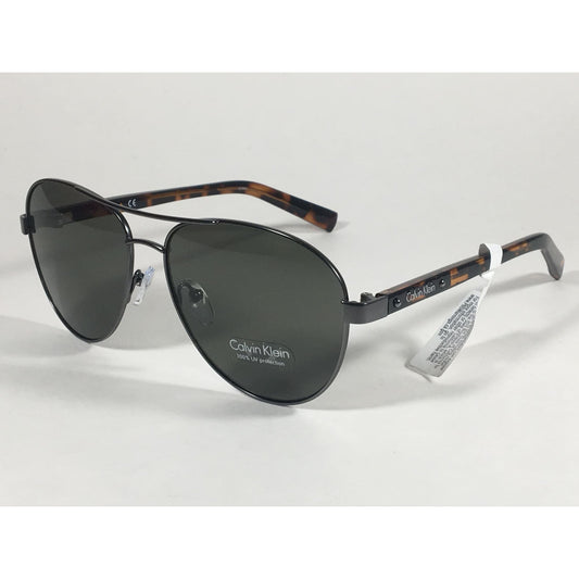 Calvin Klein R363S 071 Aviator Pilot Sunglasses Brown Tortoise And Gunmetal With Green Lens - Sunglasses