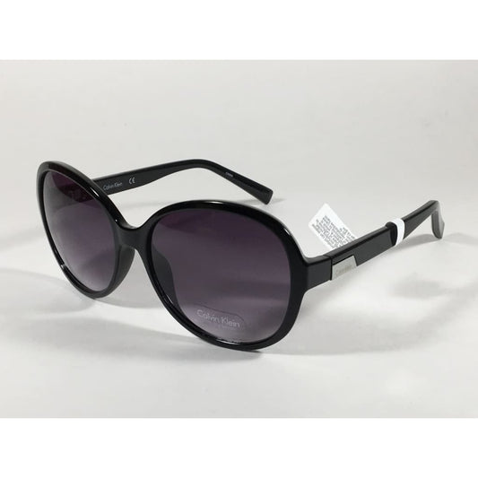 Calvin Klein R701S 001 Oval Sunglasses Black Gloss Frame Gray Gradient Lens - Sunglasses