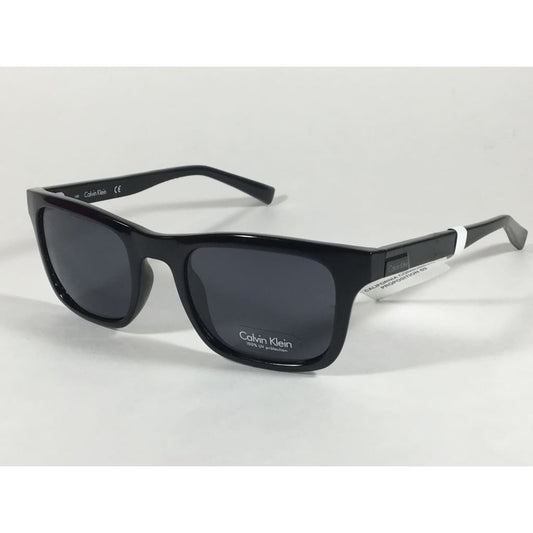 Calvin Klein R748S 001 Sleek Rectangle Sunglasses Black Gloss Gray Lens - Sunglasses
