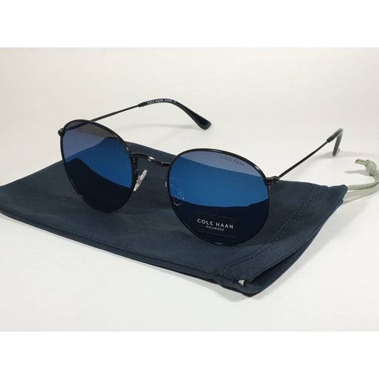 Cole Haan Polarized Round Sunglasses Black Blue Mirror Lens CH8004 001 BLACK - Sunglasses