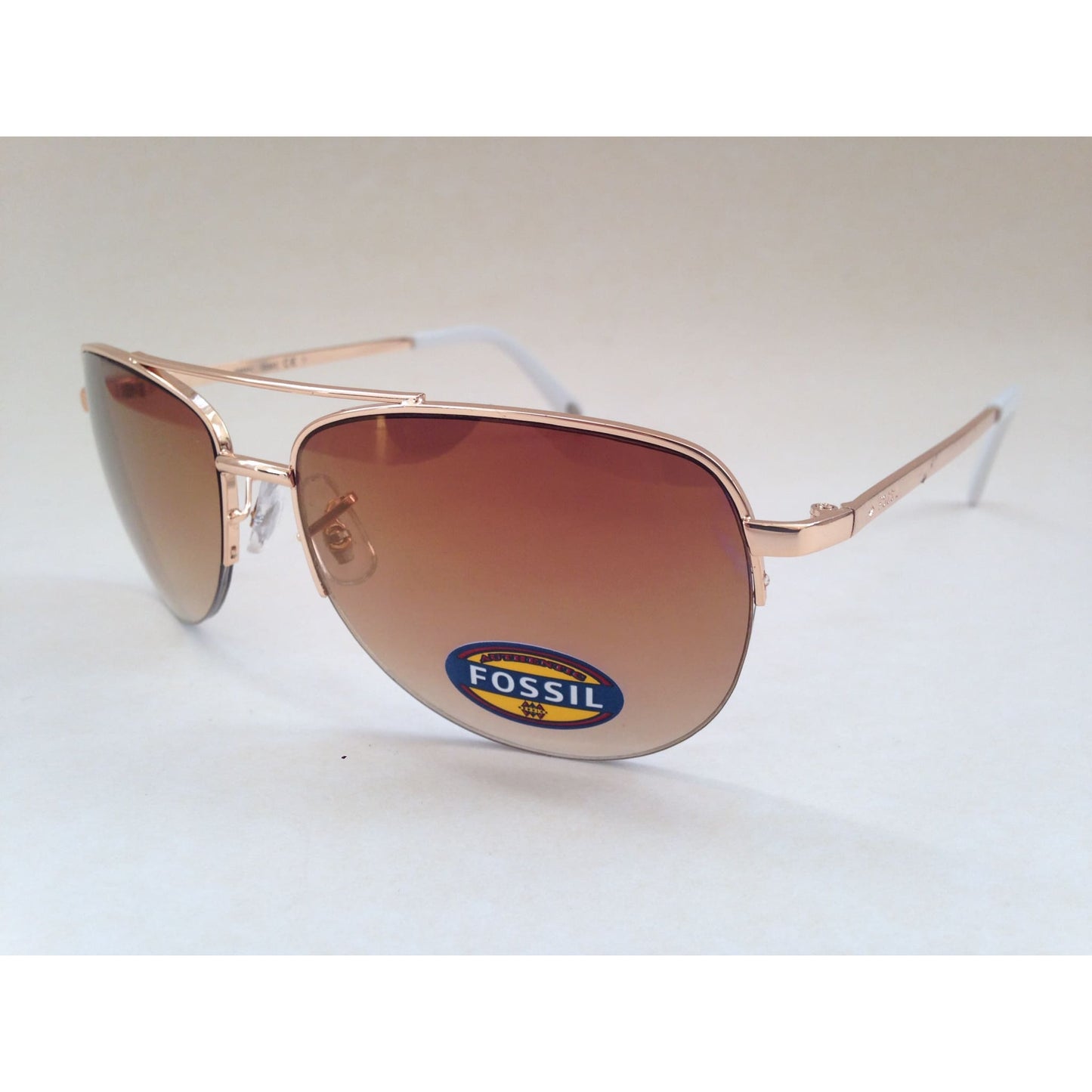Fossil Aviator Sunglasses Semi Rim Gold Frame Yellow Brown Gradient Mirror Lens FW5 - Sunglasses
