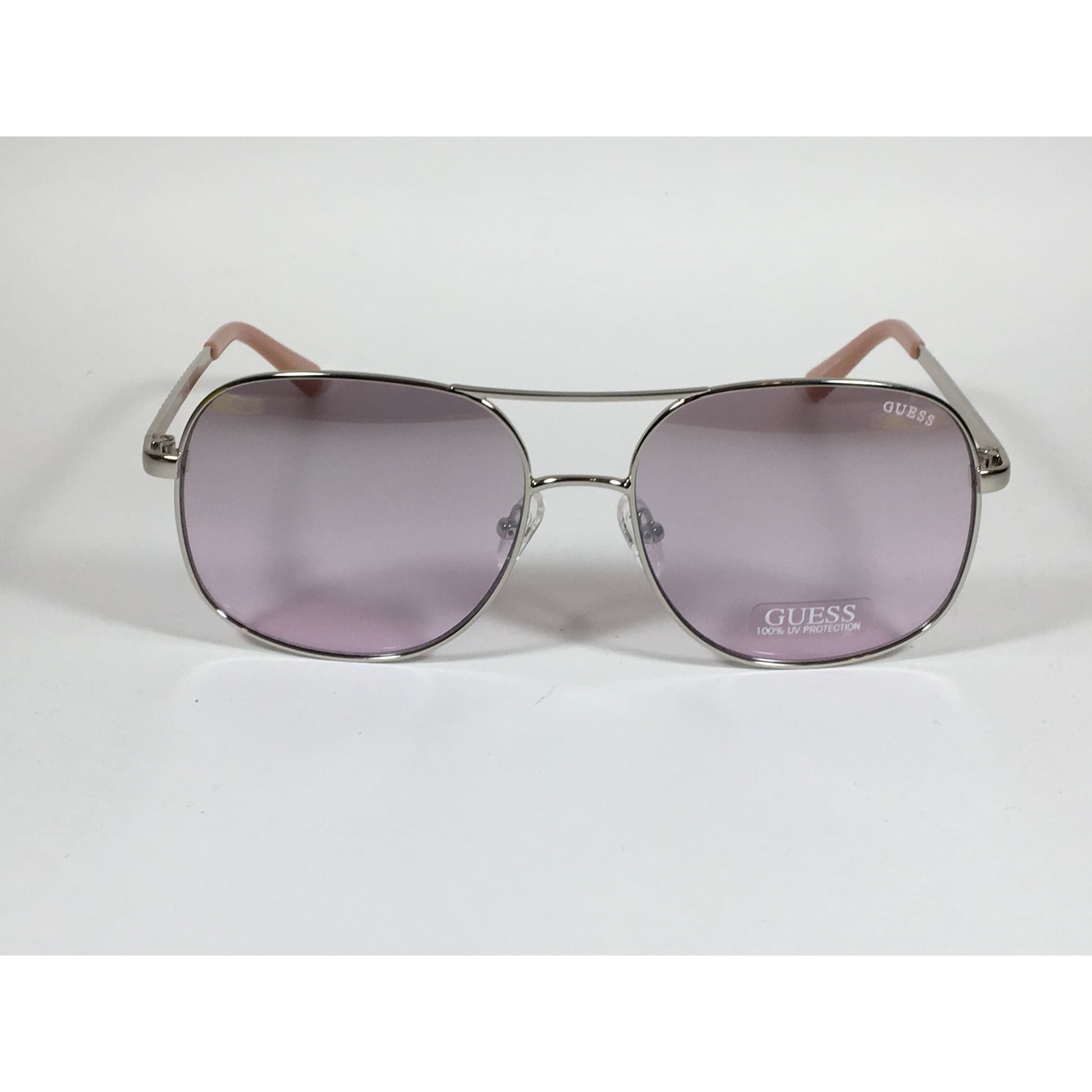 Guess Aviator Sunglasses Shiny Nickel Frame with Rhinestones Light Pink Lens GF6081 10Z - Sunglasses