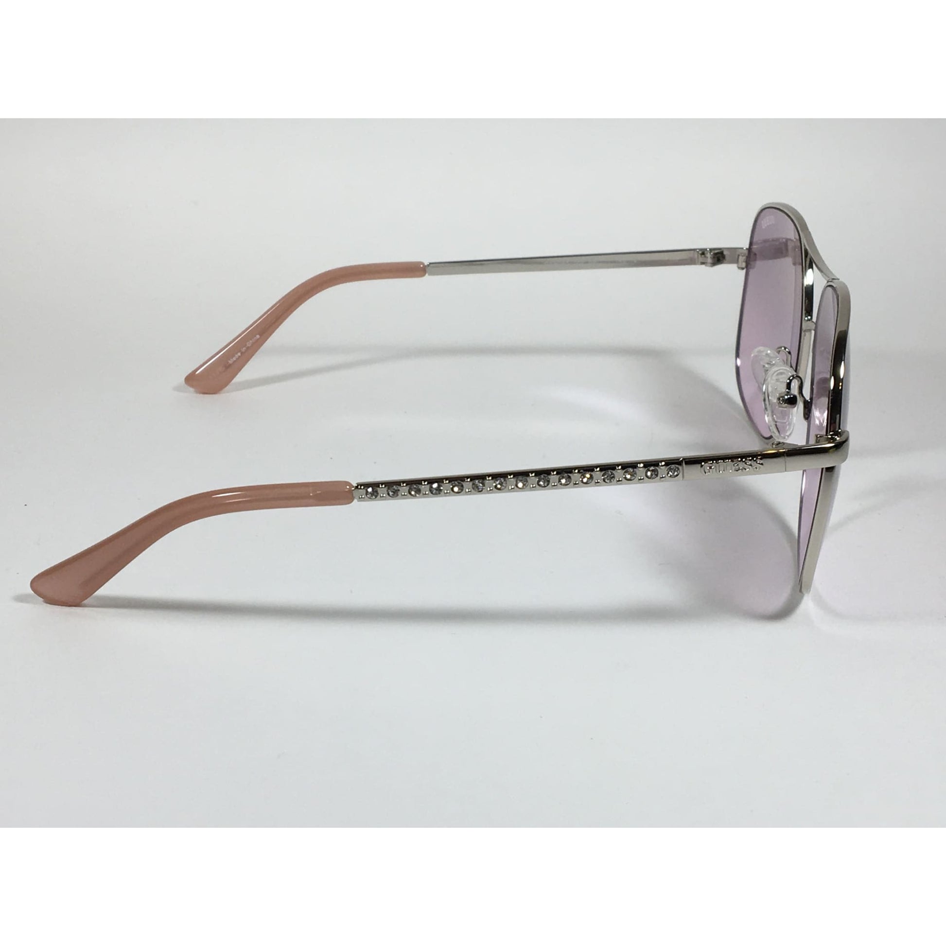 Guess Aviator Sunglasses Shiny Nickel Frame with Rhinestones Light Pink Lens GF6081 10Z - Sunglasses