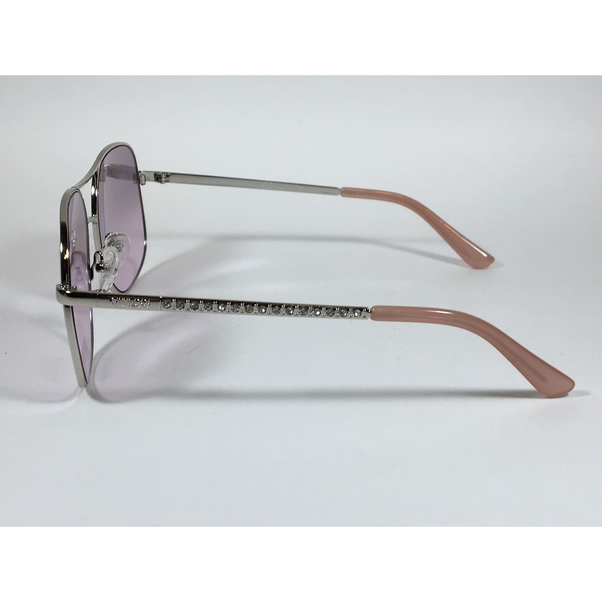 Guess Aviator Sunglasses Shiny Nickel Frame with Rhinestones Light Pink Lens GF6081 10Z - Sunglasses