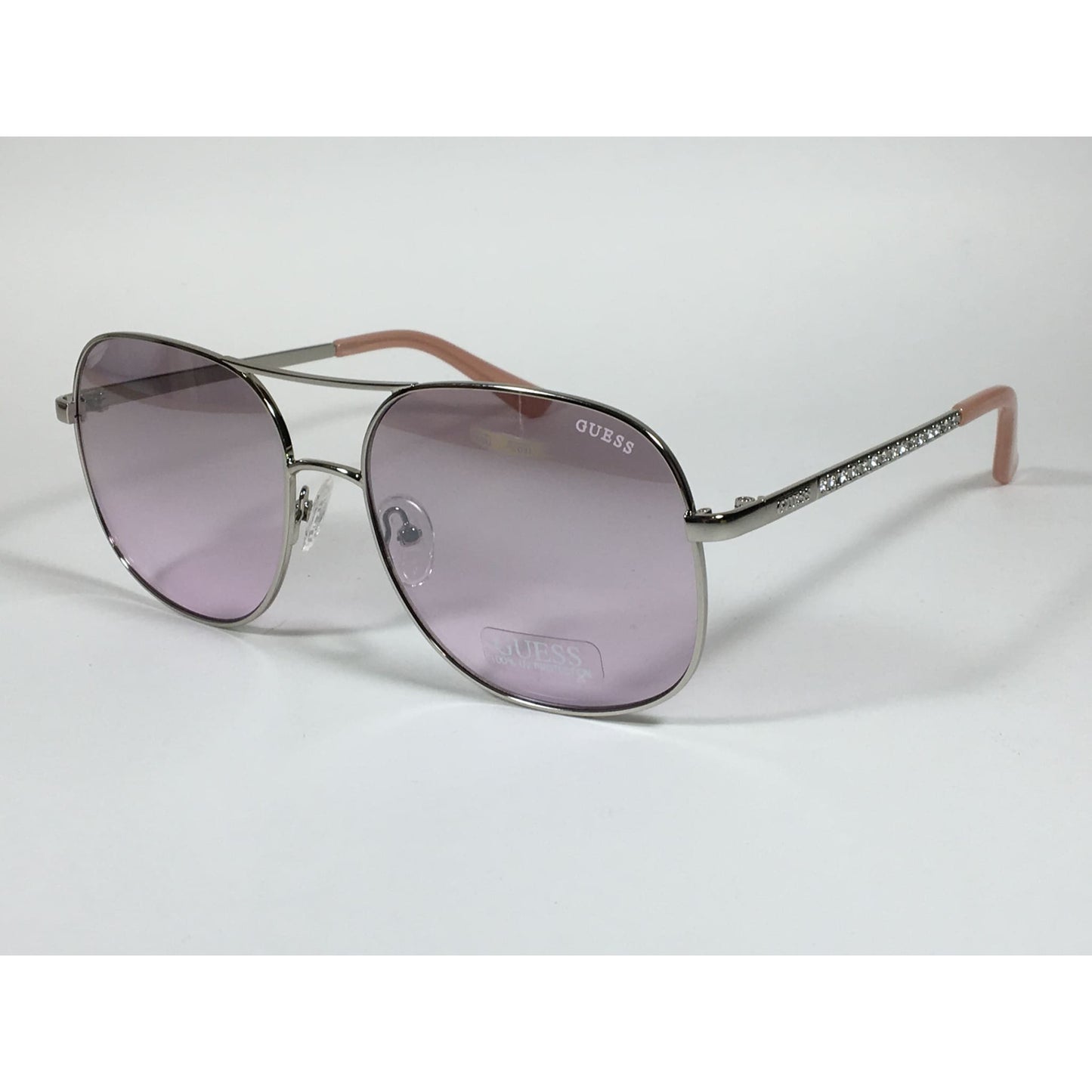 Guess Aviator Sunglasses Shiny Nickel Frame with Rhinestones Light Pink Lens GF6081 10Z - Sunglasses