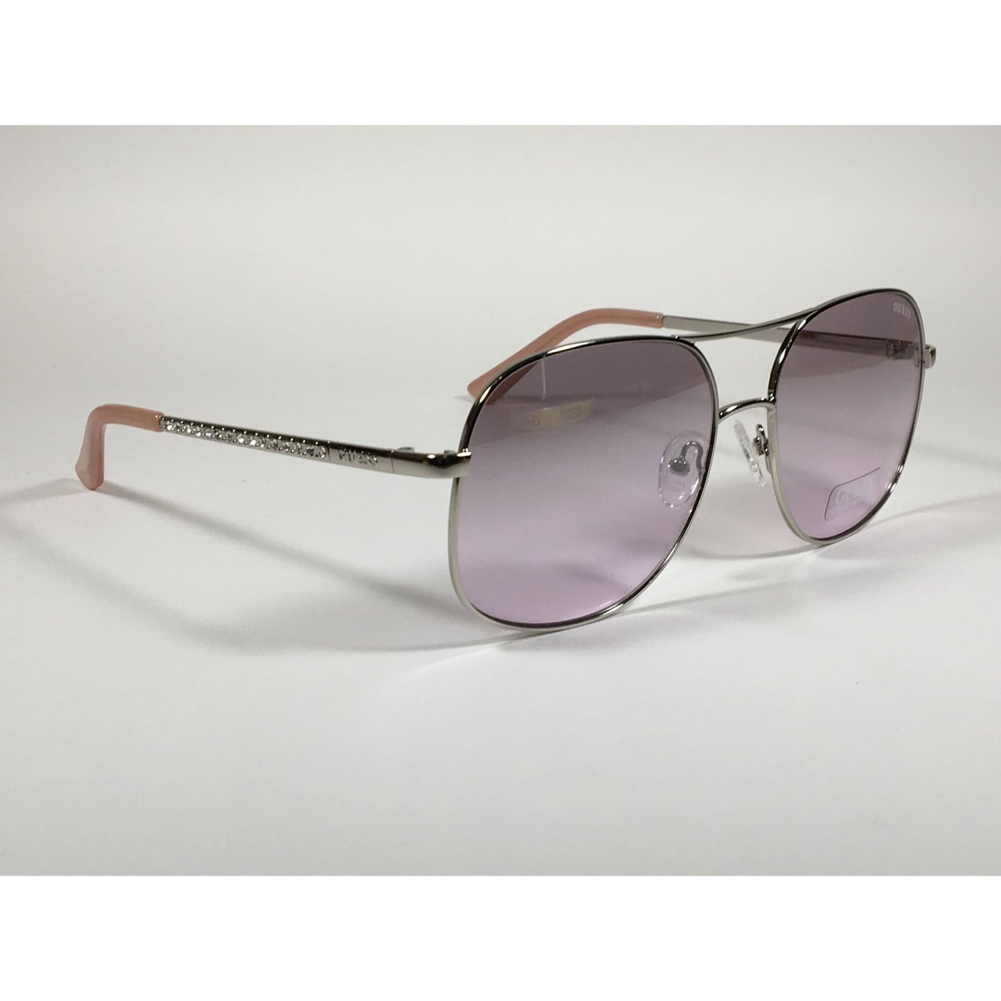 Guess Aviator Sunglasses Shiny Nickel Frame with Rhinestones Light Pink Lens GF6081 10Z - Sunglasses