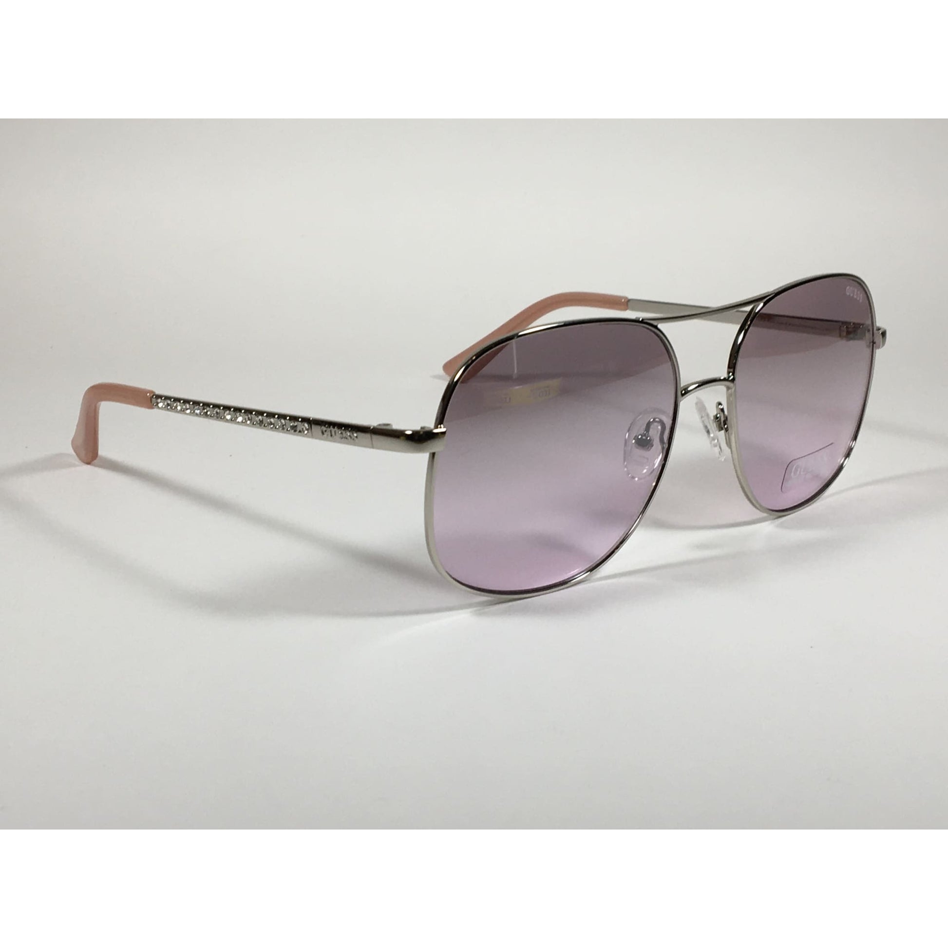 Guess Aviator Sunglasses Shiny Nickel Frame with Rhinestones Light Pink Lens GF6081 10Z - Sunglasses