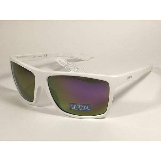 Guess Rectangle Sunglasses Matte White Ivory Frame Multicolor Mirror Flash Lens GF0198 21G - Sunglasses