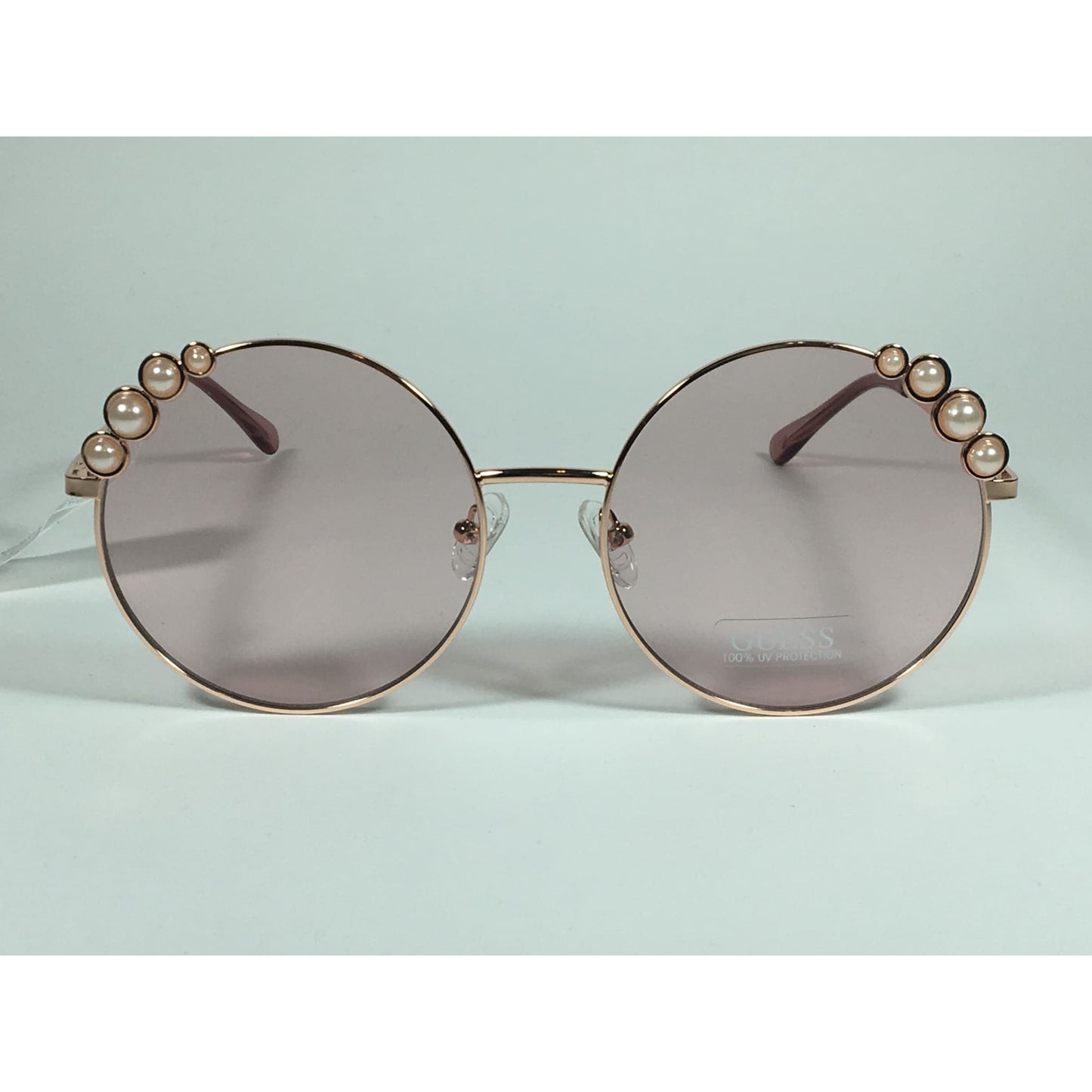 Guess Round Pearl Sunglasses Rose Gold Metal Frame Pink Lens GF0355 28T - Sunglasses