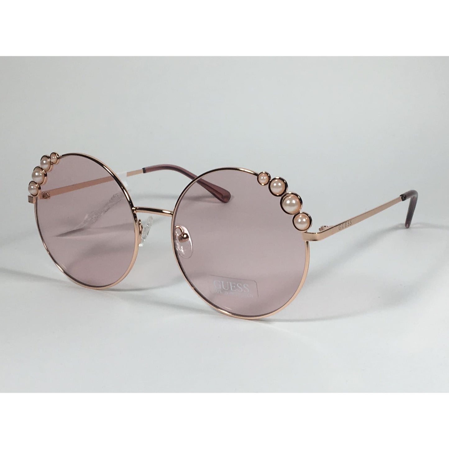 Guess Round Pearl Sunglasses Rose Gold Metal Frame Pink Lens GF0355 28T - Sunglasses