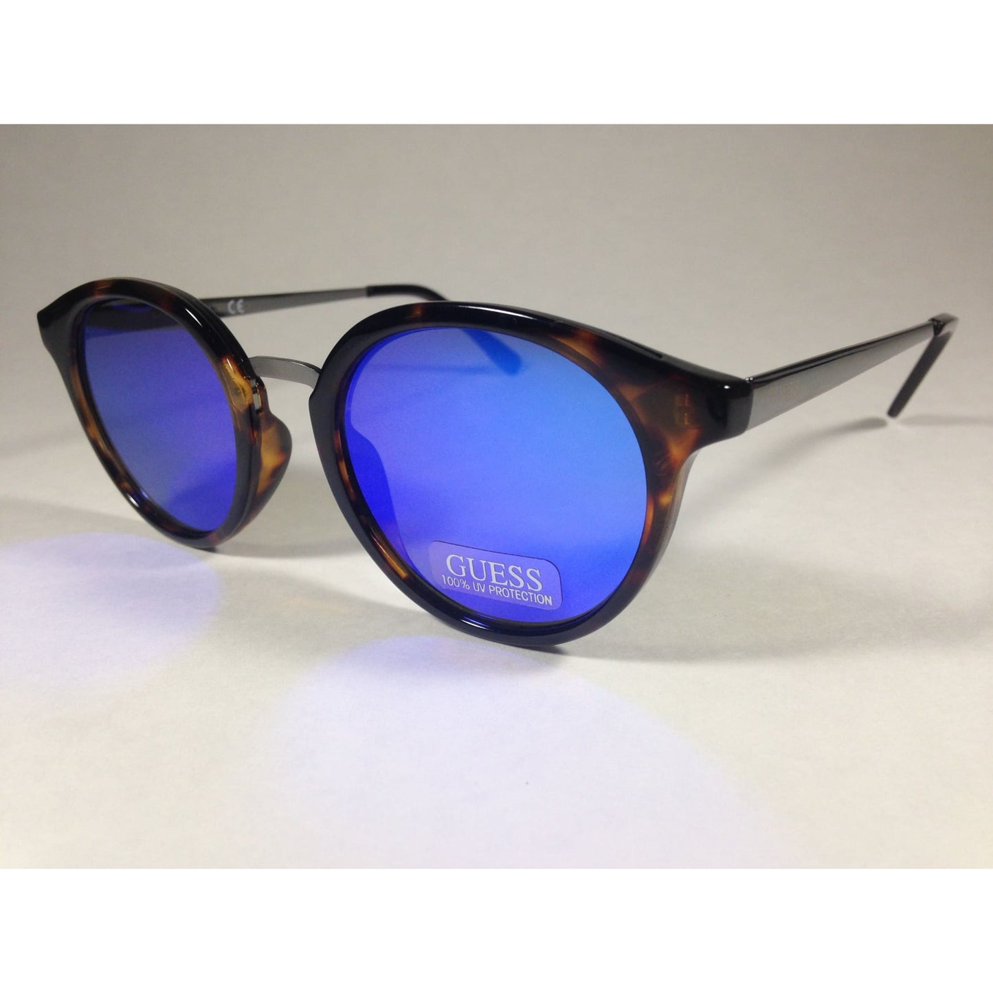 Guess Round Sunglasses GF0305 53X Brown Tortoise and Gunmetal Frame Blue Mirror Lens - Sunglasses