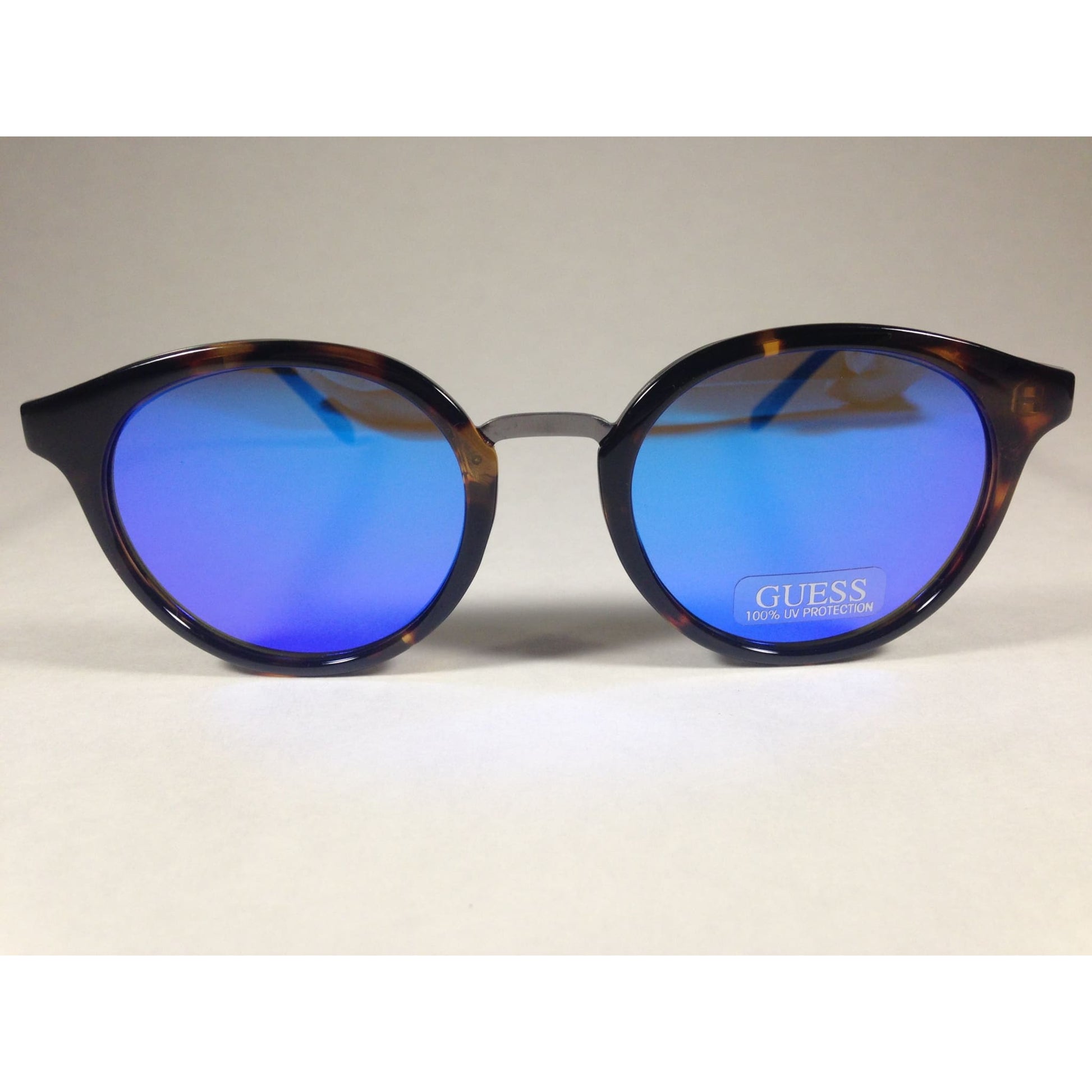 Guess Round Sunglasses GF0305 53X Brown Tortoise and Gunmetal Frame Blue Mirror Lens - Sunglasses