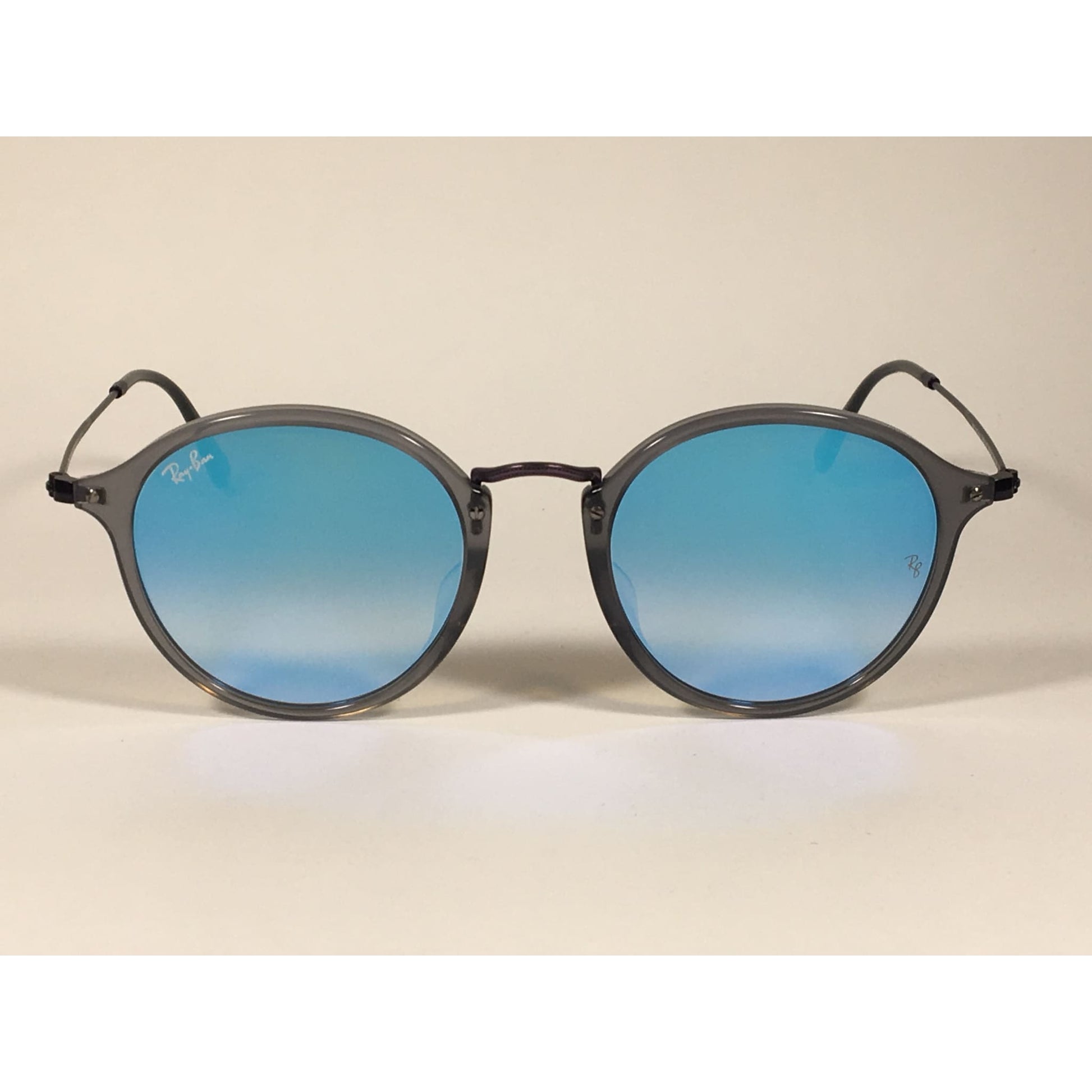 Ray-Ban Round Flat Sunglasses Purple And Gray Frame Blue Flash