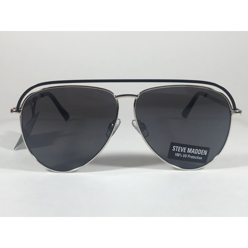 Steve Madden Pilot Aviator Sunglasses Top Bar Silver Black Frame Gray Lens Sm482116 Black - Sunglasses