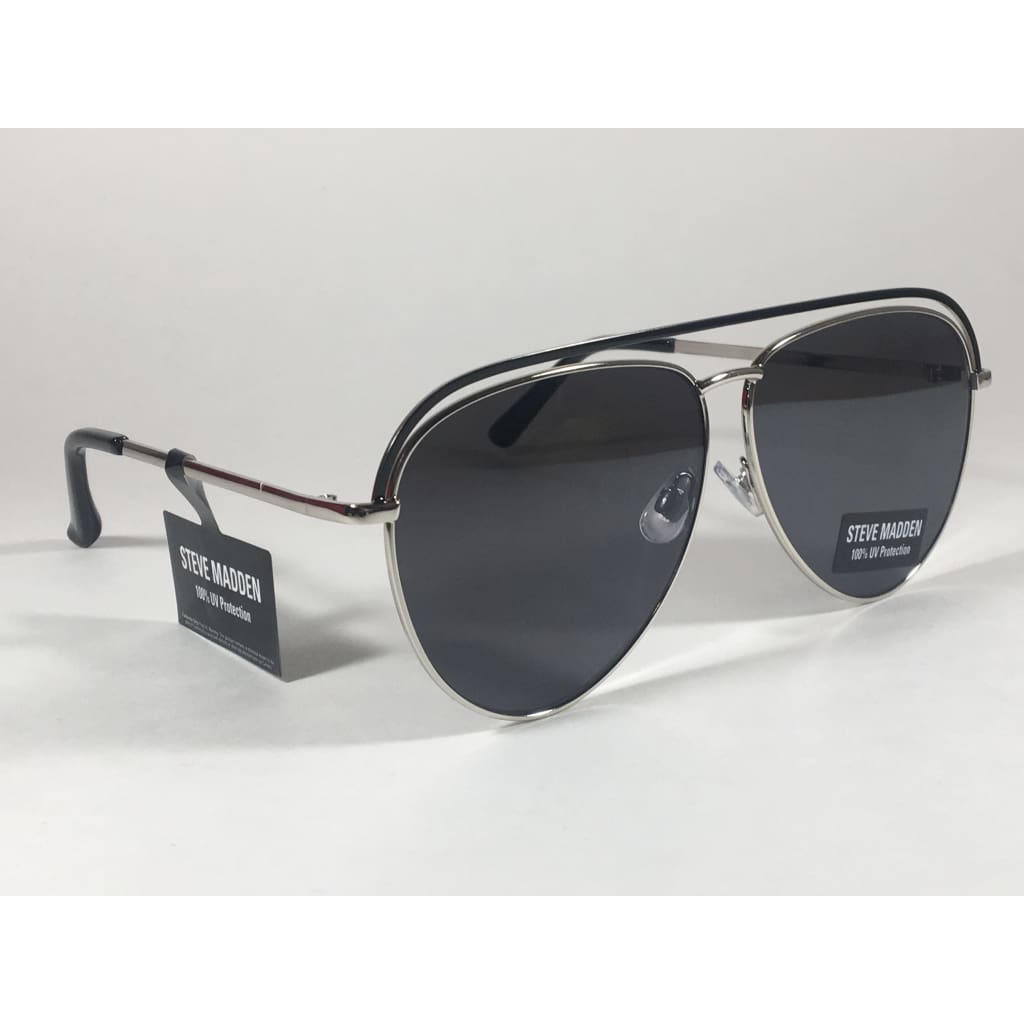 Steve Madden Pilot Aviator Sunglasses Top Bar Silver Black Frame Gray Lens Sm482116 Black - Sunglasses