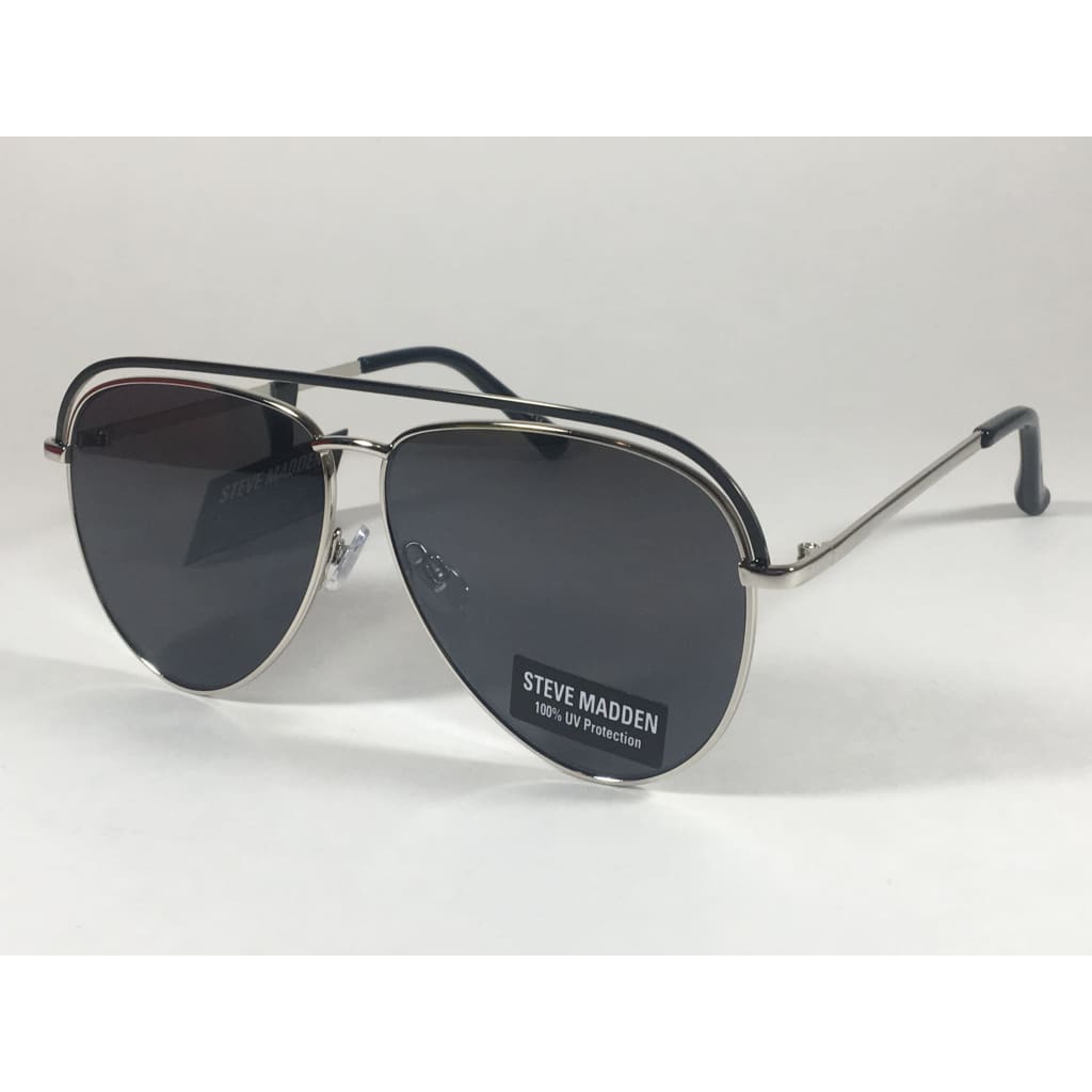 Steve Madden Pilot Aviator Sunglasses Top Bar Silver Black Frame Gray Lens Sm482116 Black - Sunglasses