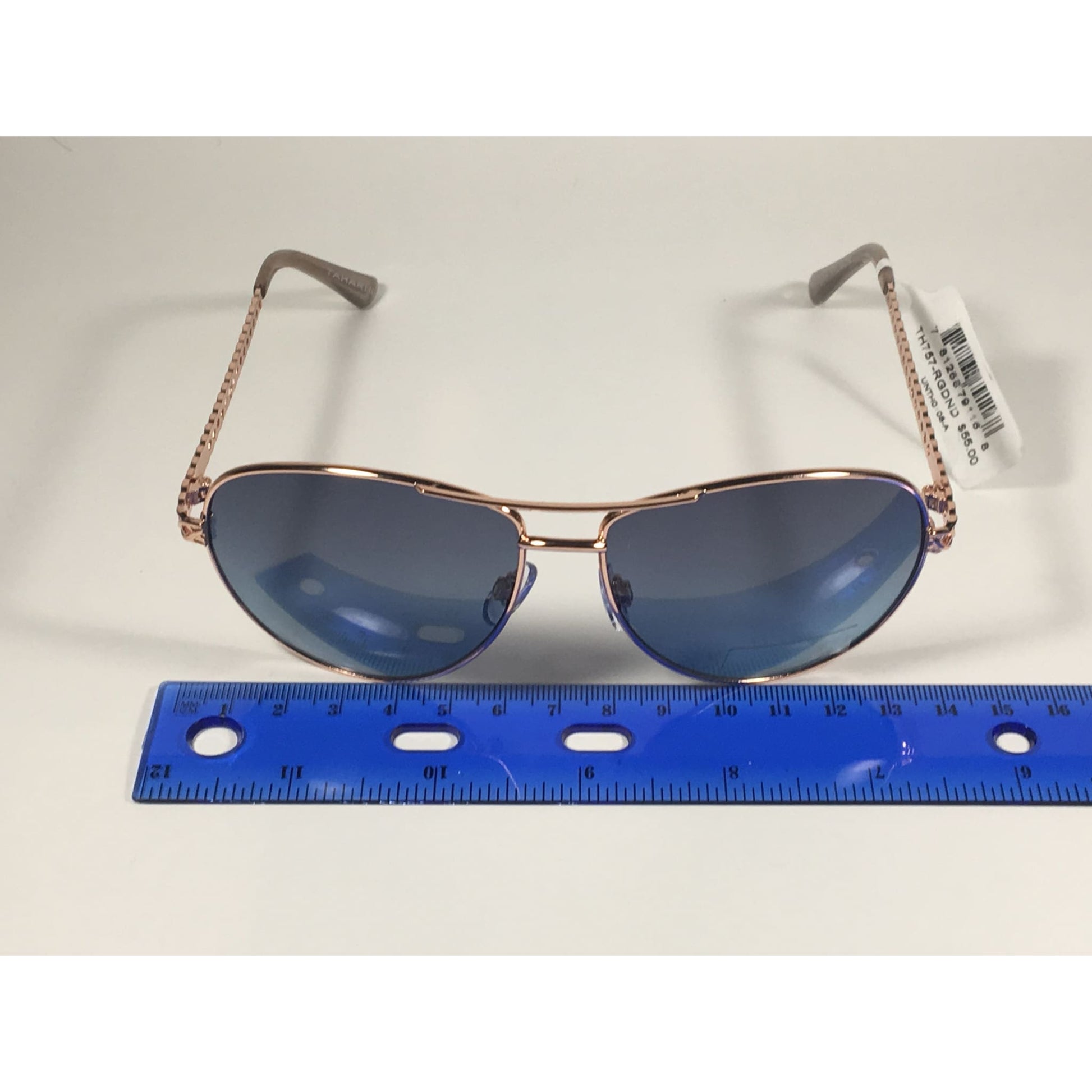 Tahari Aviator Pilot Sunglasses Rose Gold and Nude Frame Blue Lens TH757 RGDN - Sunglasses