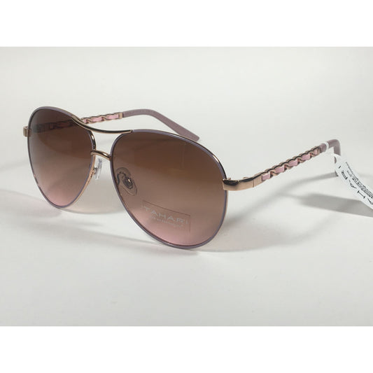 Tahari Aviator Sunglasses Rose Gold Nude And Pink Leather Chord Brown Gradient Lens TH649 RGDBL - Sunglasses