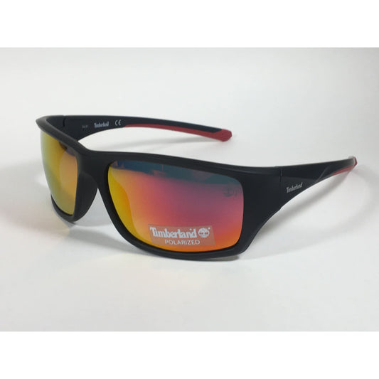 Timberland Polarized Wrap Sunglasses Matte Black Red Orange Mirror Lens TB7152 02D - Sunglasses