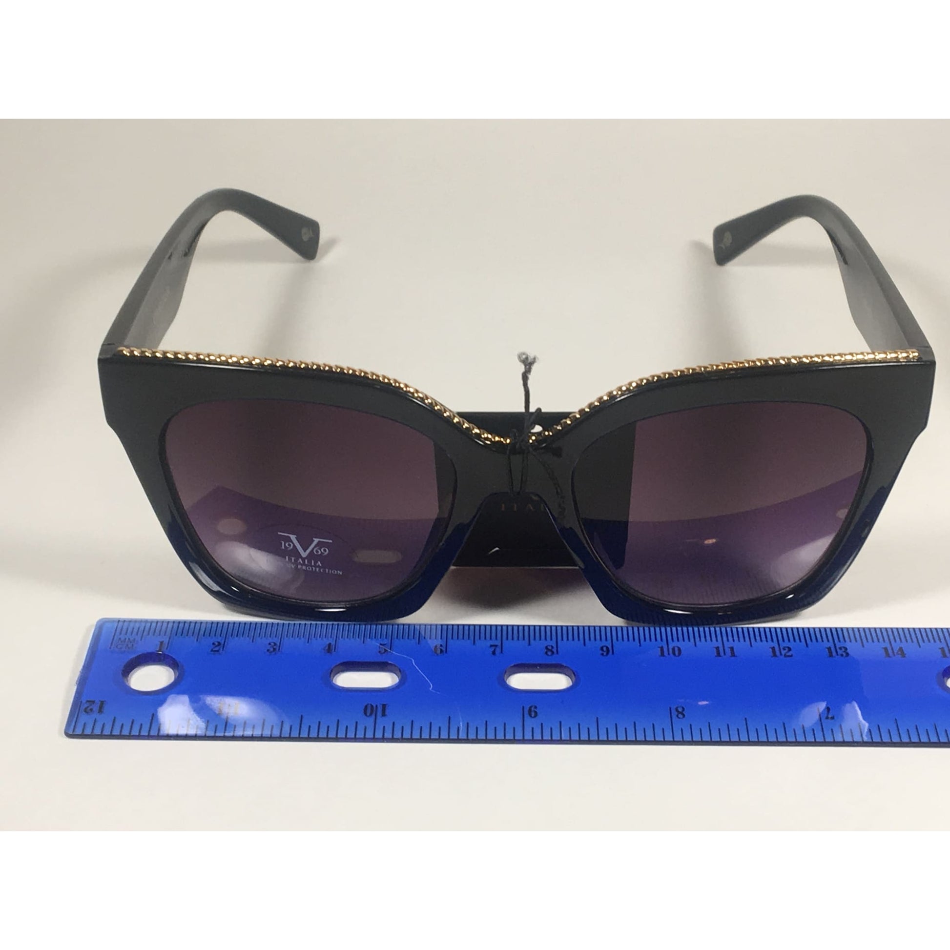 Versace 19V69 Italia BK ENZA Square Sunglasses Black Gold Trim Gray Smoke Lens - Sunglasses