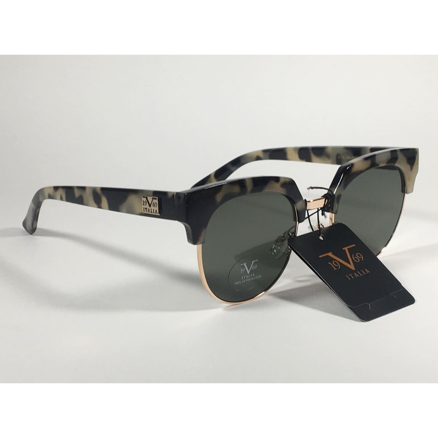 Versace 19V69 Italia Valentina Club Sunglasses Gray Tortoise Gold Horn Rim Green Lens - Sunglasses