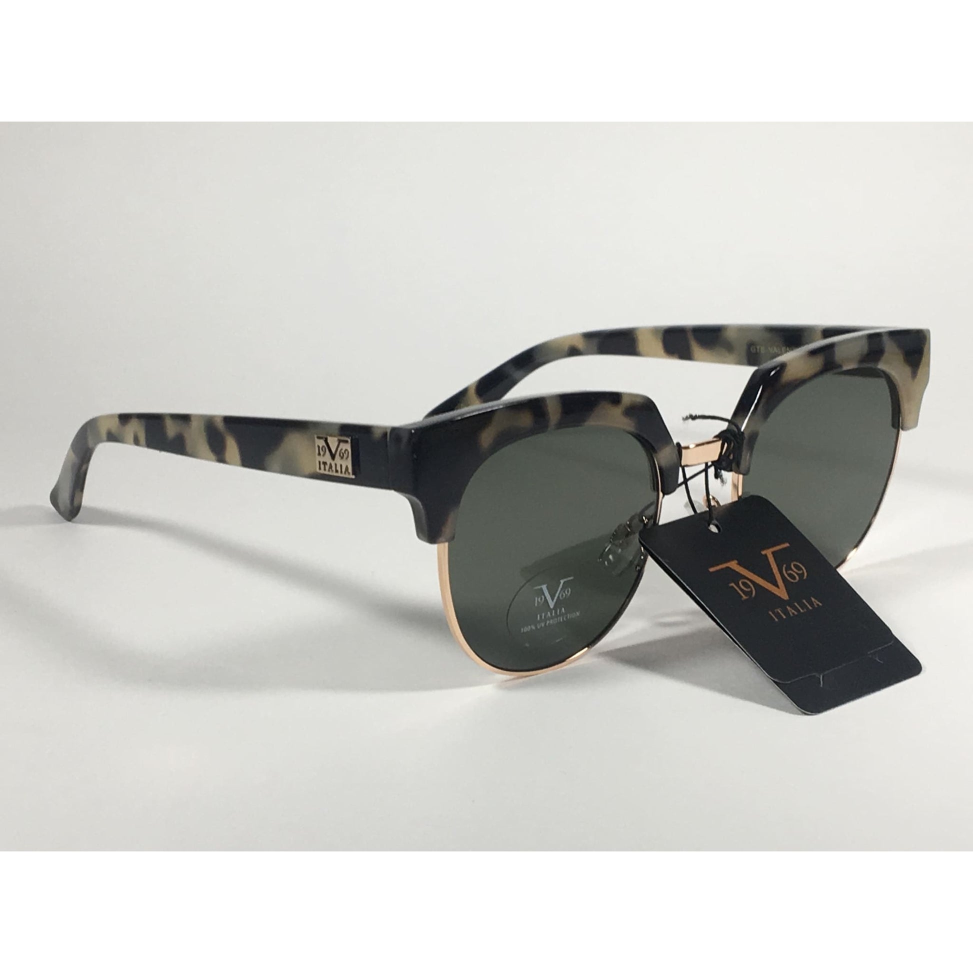 Versace 19V69 Italia Valentina Club Sunglasses Gray Tortoise Gold Horn Rim Green Lens - Sunglasses