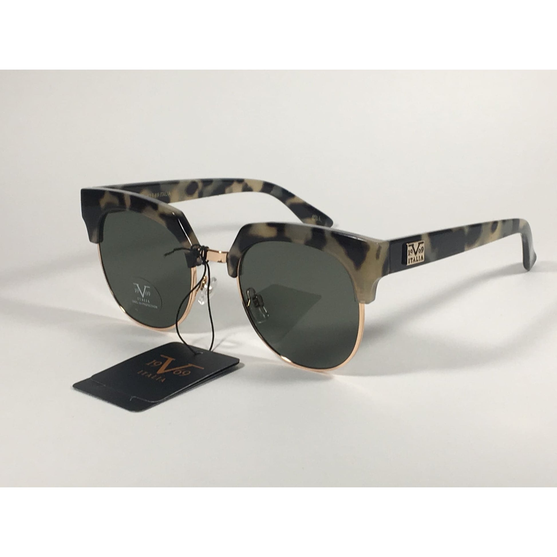 Versace 19V69 Italia Valentina Club Sunglasses Gray Tortoise Gold Horn Rim Green Lens - Sunglasses